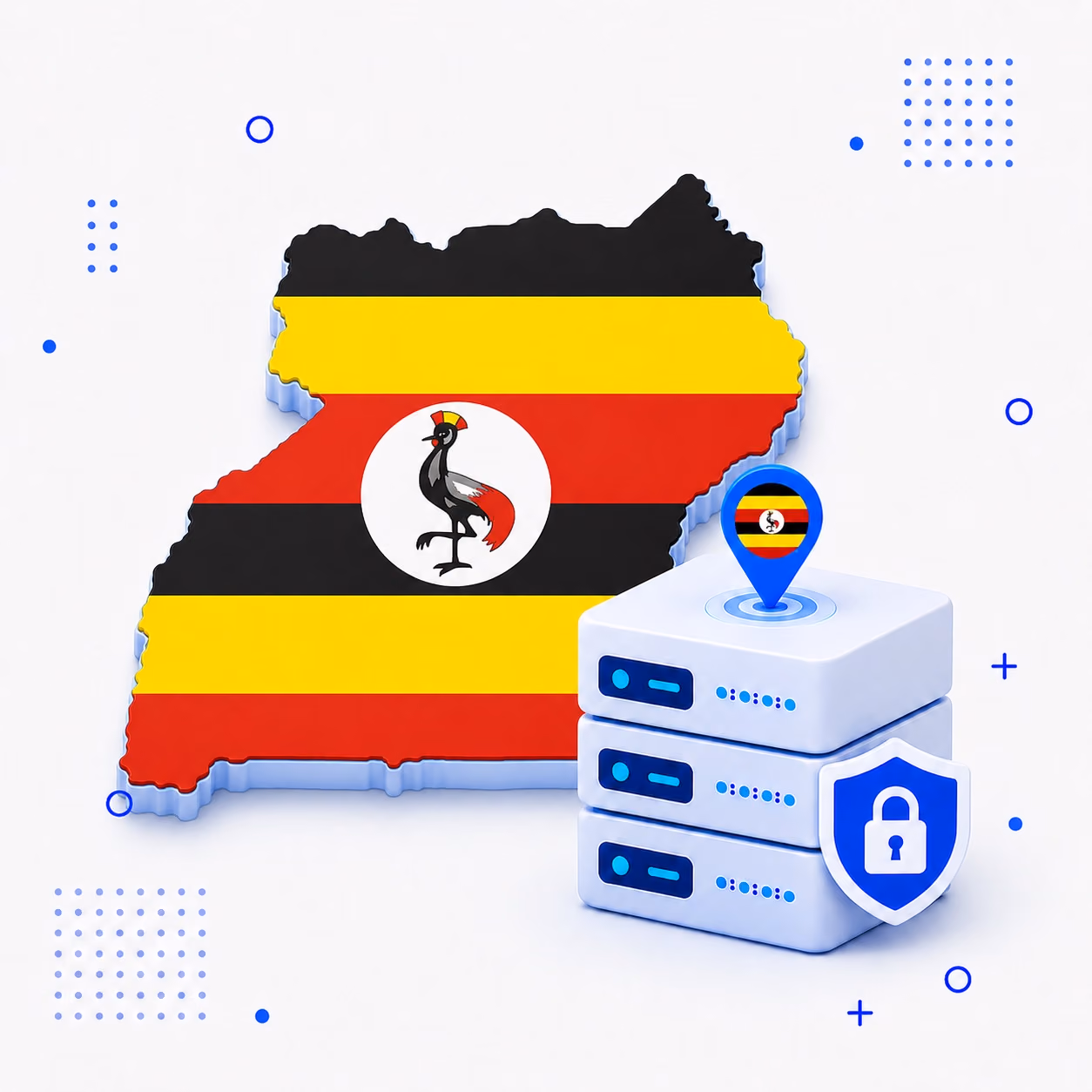 3D map of Uganda in national flag colors beside protected VPN servers and a privacy shield