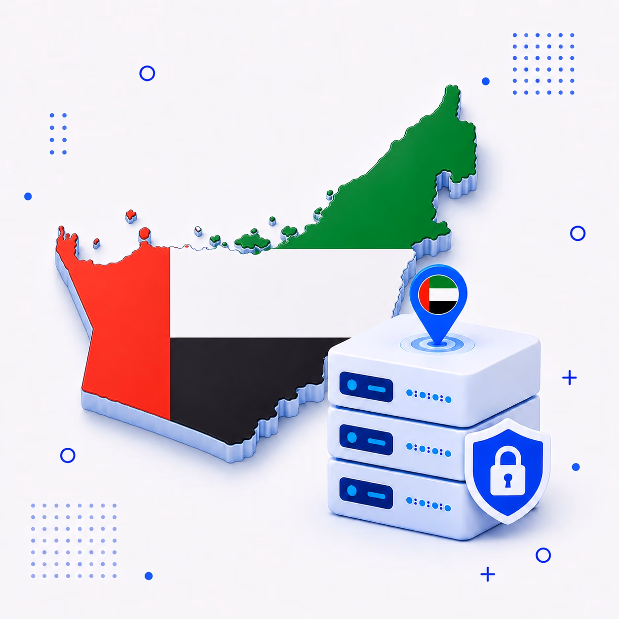 VPN for United Arab Emirates 3D map of the United Arab Emirates in national flag colors with secure VPN servers and a privacy shield