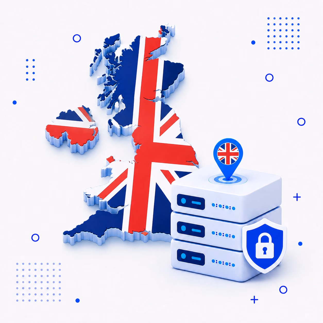VPN for United Kingdom 3D map of the United Kingdom in national flag colors beside protected VPN servers and a privacy shield