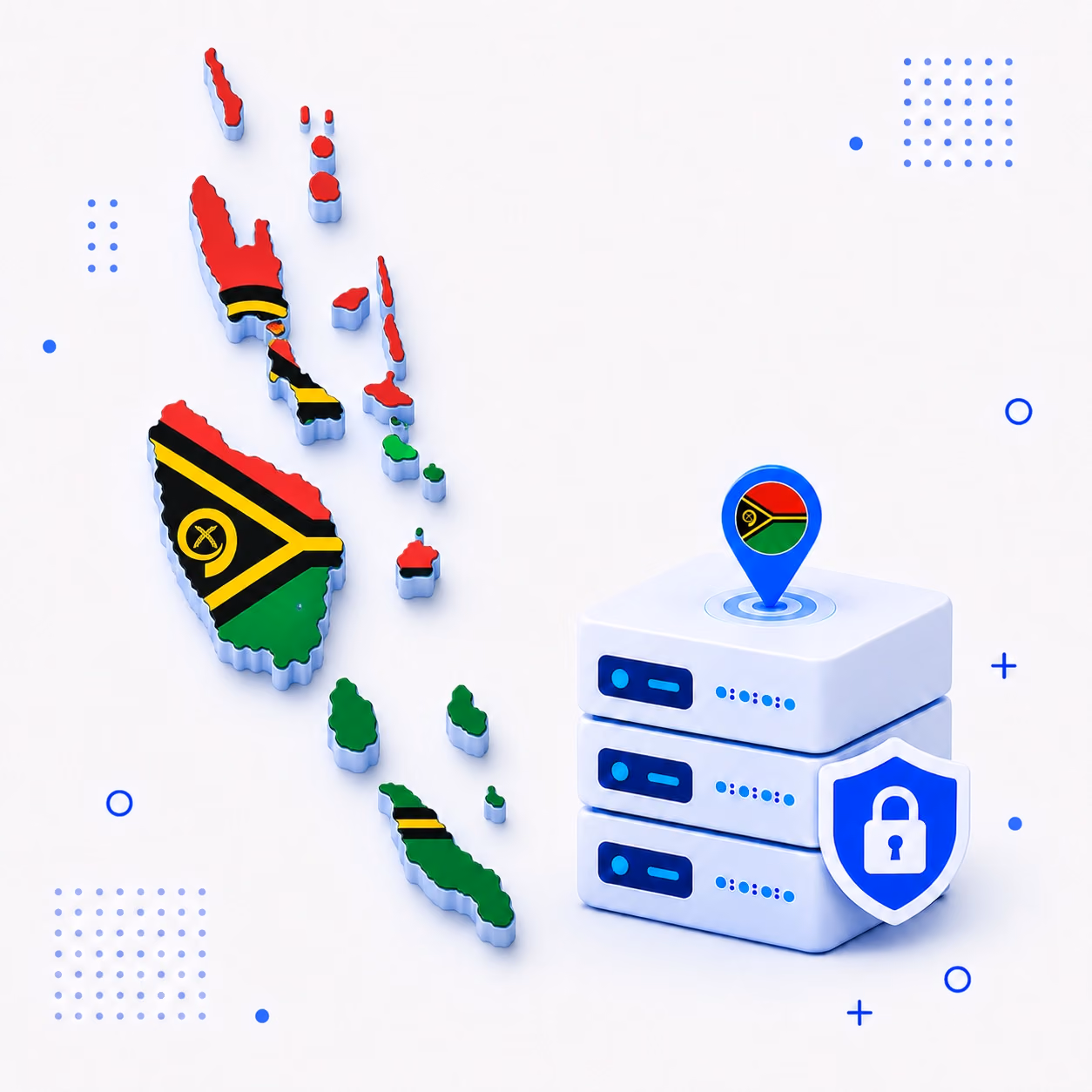 3D map of Vanuatu in national flag colors beside encrypted VPN servers and a privacy shield